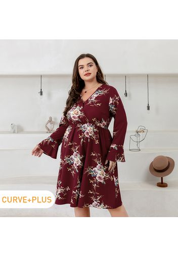 Women Plus Size Vacation Floral Print Surplice Neck Long-sleeve Dress