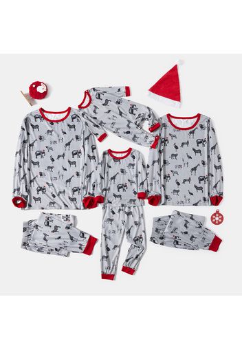 Christmas All Over Animals Print Grey Family Matching Long-sleeve Pajamas Sets (Flame Resistant)