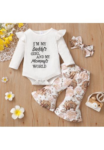 3pcs Baby Letter Embroidered Ribbed Long-sleeve Romper and Sunflower Floral Print Bell Bottom Pants Set