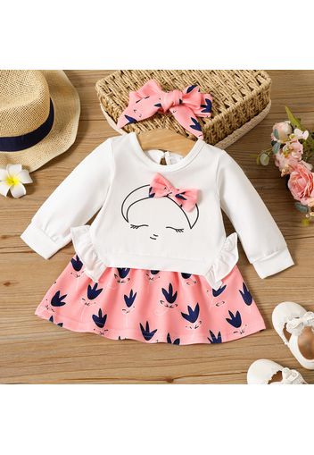 2pcs Baby Girl 95% Cotton Long-sleeve Faux-two Bow Front Graphic Spliced Ruffle Trim Dress with Headband Set