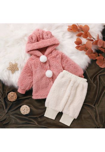 2pcs Baby Solid 3D Ears Hooded Pom Poms Long-sleeve Thickened Fuzzy Fleece Outwear and Trousers Set