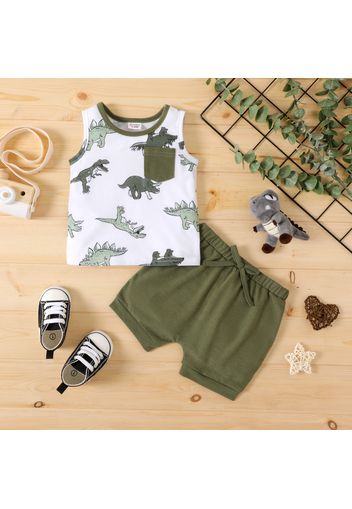 2pcs Baby Boy Allover Dinosaur Print Sleeveless Tank Top and Solid Shorts Set