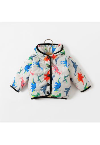 Baby Boy All Over Cartoon Dinosaur Print Thickened Fleece Lined Long-sleeve Hooded Coat