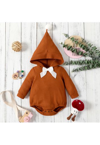 Baby Girl Solid Waffle Long-sleeve Bowknot Pom Pom Hooded Romper