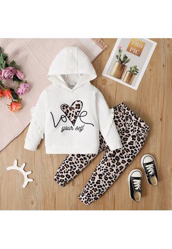 2-piece Toddler Girl Letter Heart Print Ruffled Ribbed Hoodie Sweatshirt and Leopard Print Pants Set