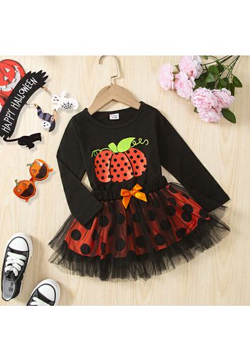 2pcs Toddler Girl Halloween Pumpkin Print Long-sleeve Tee and Bowknot Polka dots Mesh Skirt Set