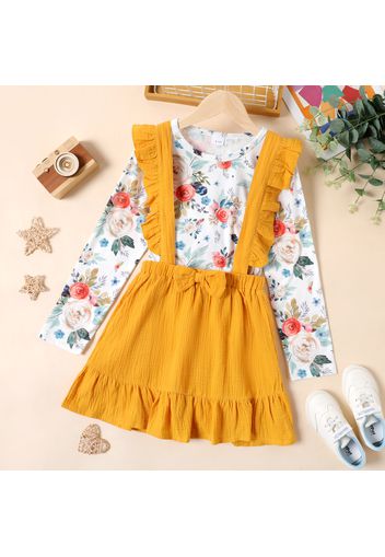 2-piece Kid Girl Floral Print Long-sleeve Tee and Ruffled Bowknot Design Suspender Skirt Set