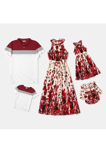 Family Matching All Over Red Mottled Print Halter Neck Sleeveless Dresses and Colorblock Short-sleeve Polo Shirts Sets