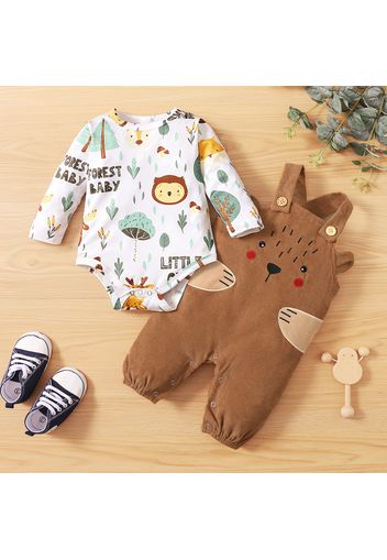 2-piece Baby Girl/Boy Animal Plant Print Long-sleeve Romper and Overalls Set