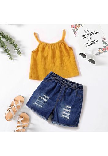 2pcs Kid Girl Yellow Camisole and Ripped Denim Shorts Set