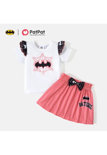 Batman 2pcs Toddler Girl Flutter-sleeve/Ruffled Short-sleeve Tee and Bowknot Design Suspender/ Paperbag Skirt Set