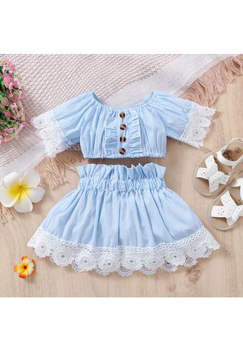 100% Cotton 2pcs Baby Girl Lace Design Blue Pinstriped Half-sleeve Button Front Crop Top and Skirt Set