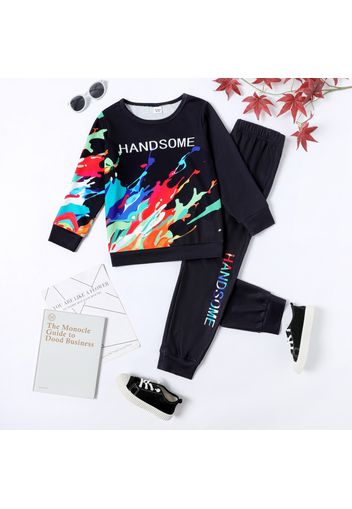 2-piece Kid Boy Letter Painting Print Pullover Sweatshirt and Pants Set