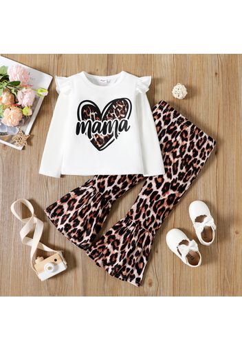 2pcs Toddler Girl Letter Heart Print Ruffled Long-sleeve Tee and Leopard Print Flared Pants Set