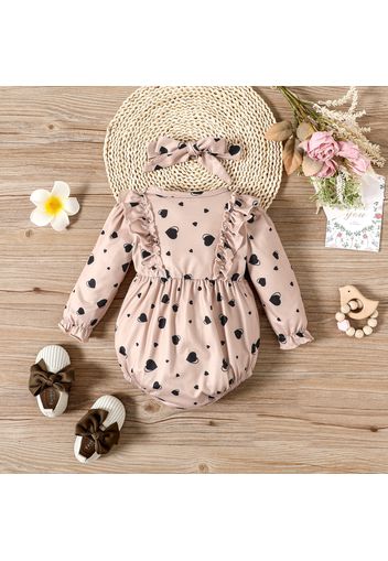 2pcs Baby Girl All Over Love Heart Print Button Up Long-sleeve Ruffle Romper with Headband Set