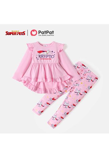 Super Pets 2pcs Toddler Girl Letter Print Ruffled High Low Long-sleeve Pink Tee and Allover Print Leggings Set