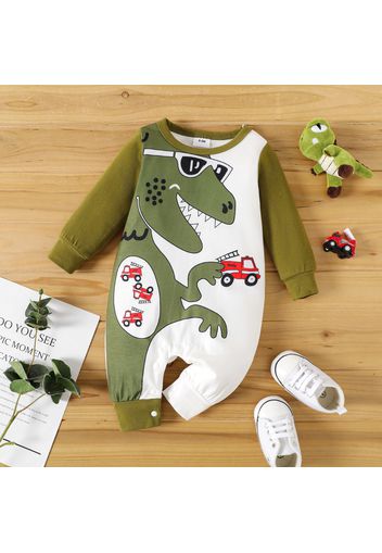 Baby Boy 95% Cotton Long-sleeve Cartoon Dinosaur & Vehicle Print Jumpsuit