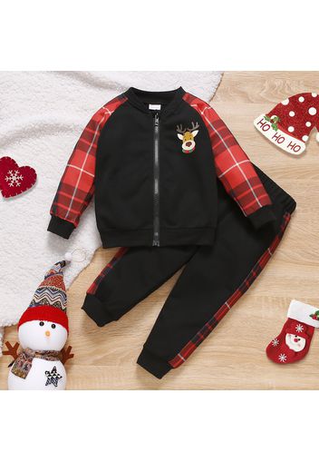 Christmas 2pcs Baby Cartoon Cow Print Red Plaid Splicing Long-sleeve Zip Jacket and Trousers Set