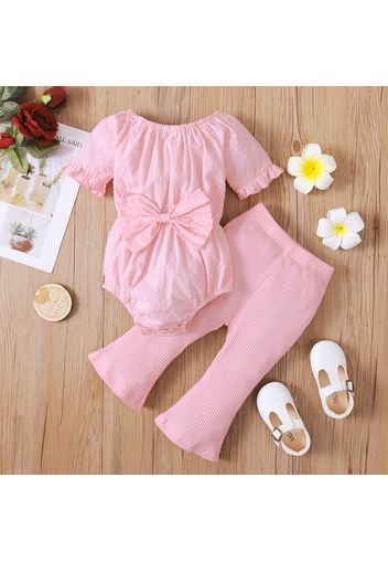 2pcs Baby Girl Solid Swiss Dot Ruffle Short-sleeve Bowknot Romper and Ribbed Bell Bottom Pants Set