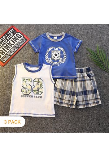 3pcs Toddler Boy Trendy Topstitching Soccer Print Tee and Tank Top and Plaid Shorts Set