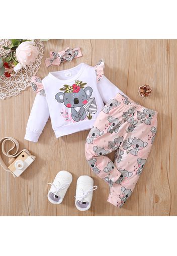 3pcs Baby Girl Cartoon Koala Print Long-sleeve Sweatshirt and Trousers Set