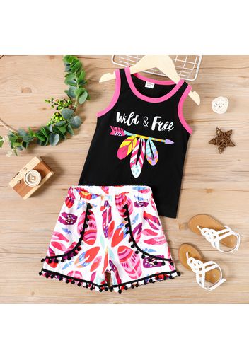 2-piece Kid Girl Boho Letter Floral Print Tank Top and Pompom Design Shorts Set