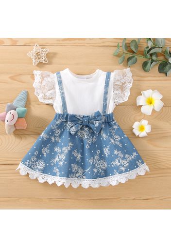 100% Cotton Baby Girl Lace Flutter-sleeve Floral Print Denim Faux-two Bowknot Dress