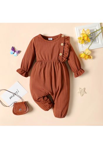 Baby Girl Brown/White Butterfly Print Long-sleeve Ruffle Jumpsuit