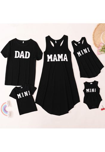 Mosaic Letter Print Black Cotton Family Matching Sets(Tank Dresses for Mom and Girl ; T-shirts for Dad and Boy)