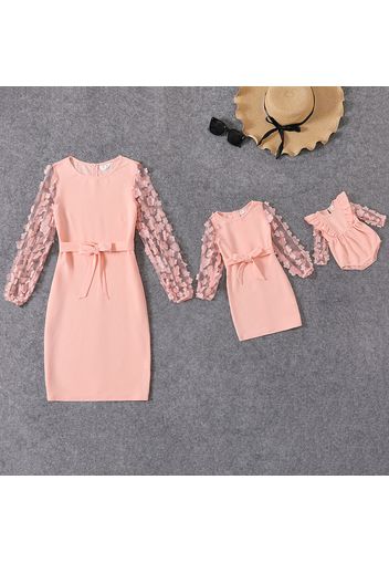 Pink 3D Floral Applique Mesh Long-sleeve Belted Slim-fit Dress for Mom and Me