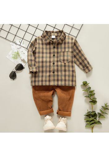 2-piece Toddler Boy Lapel Collar Button Down Plaid Shirt and Elasticized Solid Pants Set