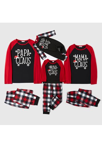 Christmas Snowflake and Letter Print Family Matching Red Raglan Long-sleeve Plaid Pajamas Sets (Flame Resistant)