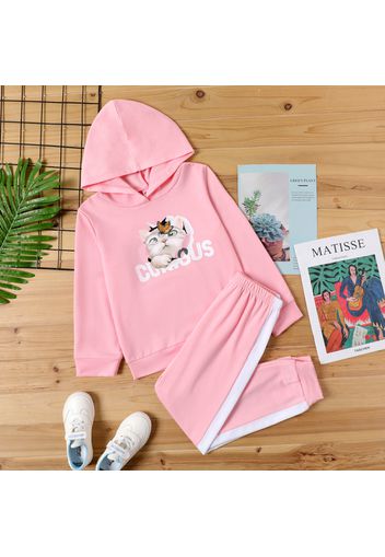 2-piece Kid Girl Letter Cat Print Pink Hoodie Sweatshirt and Colorblock Elasticized Pants Set