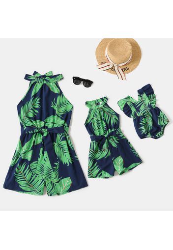 All Over Green Palm Leaves Print Halter Neck Sleeveless Belted Romper for Mom and Me