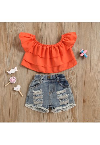 2pcs Solid and Denim Flutter-sleeve Red Baby Set