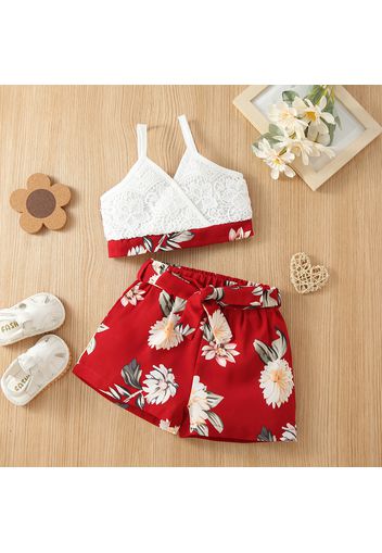 2-piece Toddler Girl Lace Design Camisole and Floral Print Belted Shorts Set