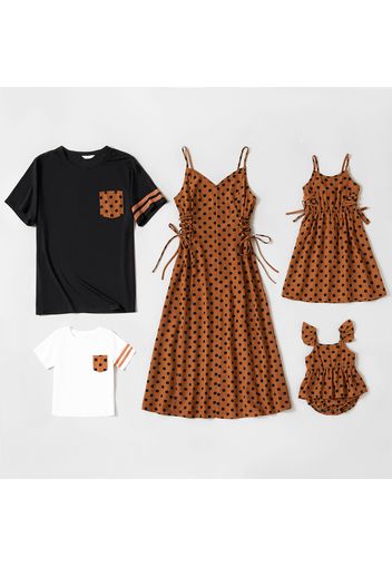 Polka Dot Print Family Matching Sets（Sling Waist Lace Up Dresses and Short Sleeve T-shirts）