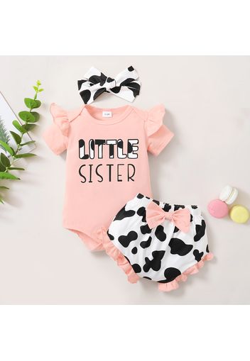 3pcs Baby Girl Letter Print Pink Ruffle Short-sleeve Romper and Cow Print Shorts with Headband Set