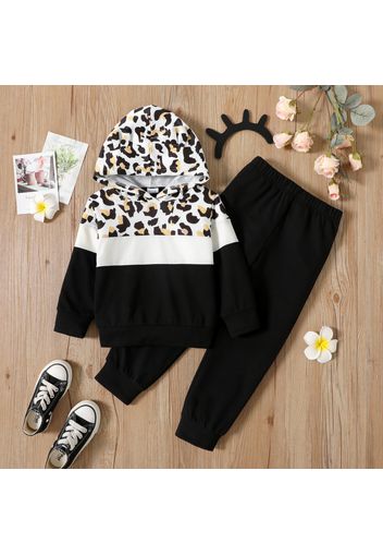 2-piece Toddler Girl Leopard Print Colorblock Hoodie Sweatshirt and Black Pants Set