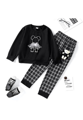 2-piece Kid Boy Bear Print Pullover Sweatshirt and Plaid/Black Pants Set (Bear Doll is included)