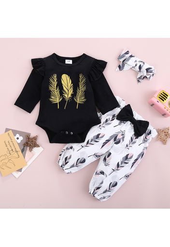 3pcs Feather Print Bow Decor Long-sleeve Baby Sets