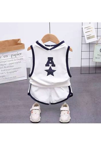 2pcs Toddler Boy Casual Letter Print Hooded Sleeveless Tee & Shorts Set