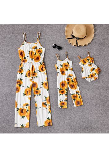 Sunflower Floral Print Spaghetti Strap Jumpsuit Romper for Mom and Me