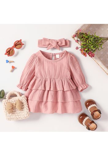 100% Cotton Crepe 2pcs Baby Girl Solid Layered Ruffle Trim Long-sleeve Dress with Headband Set