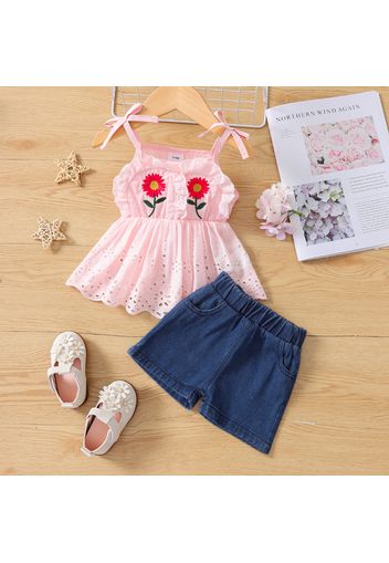 2pcs Baby Girl 100% Cotton Sunflower Embroidered Eyelet Cami Top and Denim Shorts