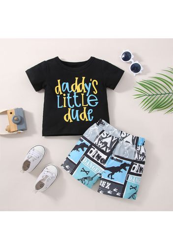 2pcs Baby Boy Letter Print Short-sleeve T-shirt and Dinosaur Print Shorts Set