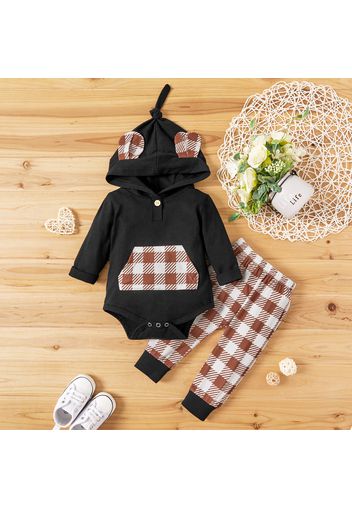 2pcs Baby 3D Ears Long-sleeve Hooded Romper and Plaid Trousers Set