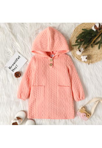 Toddler Girl Button Design Cable Knit Textured Hooded Dress