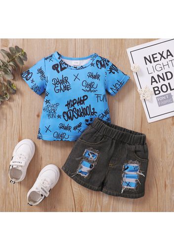 2pcs Baby Boy Allover Graffiti Letter Print Short-sleeve Tee and Ripped Denim Shorts Set