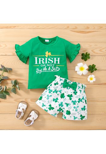 St. Patrick's Day 2-piece Toddler Girl Letter Print Ruffled Short-sleeve Green Tee and Bowknot Shamrock Lucky Clover Print Shorts Set